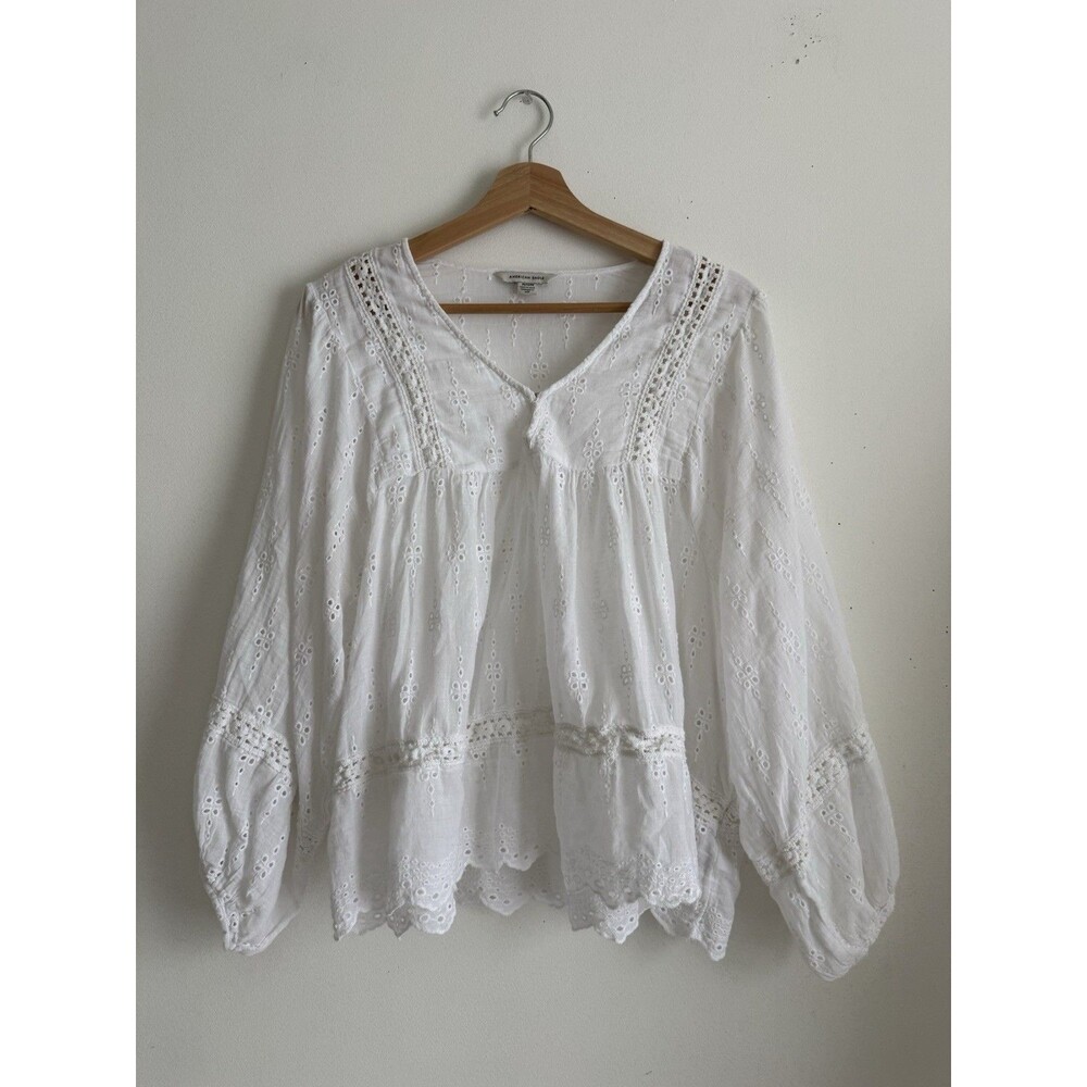 American Eagle White Eyelet Lace Boho Peasant Blouse Size M